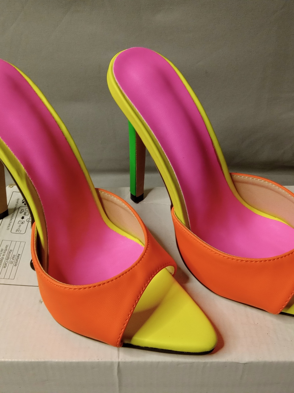 Neon Orange Open-Toe Stiletto Heels with Pink Footbed
